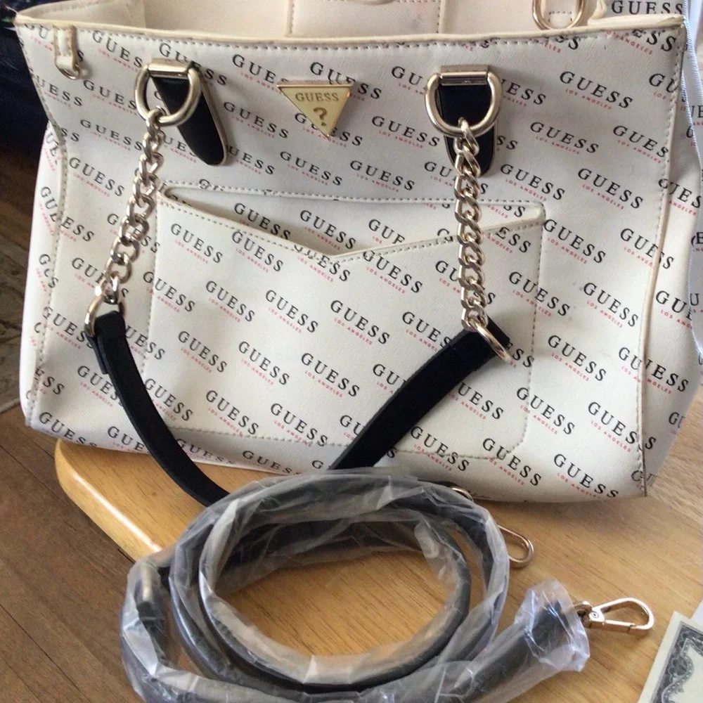 GUESS Logo Print Cream and Black Tote - Picture 3 of 8